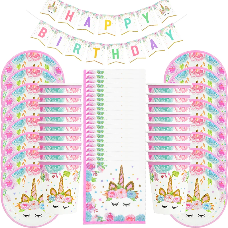 Rainbow Unicorn Birthday Party Decoration Disposable Tableware Set Unicorn Balloon Girl Baby Shower Kids Birthday Party Supplies