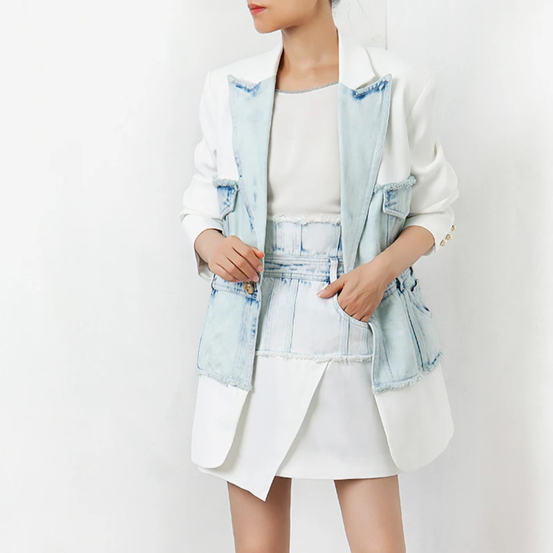 MIAOQING Denim Patchwork Women's Blazer Notched Collar Long Sleeve Tunic Elegant Female Jacket Fashion Autumn New