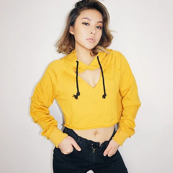 

2019 new fashion casual women's clothing Retro navel short female breasts openwork hooded long sleeve pullover top Sweatshirt