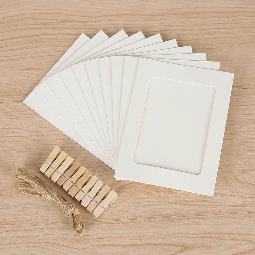 white (4 inch) 10 шт./компл. Бумага рамки для фотографий висит фото Дисплей рамки для фотографий с 2 м веревки деревянные зажимы для украшения дома - Цвет: white (4 inch)