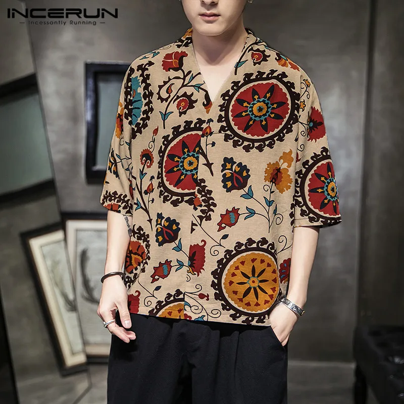 INCERUN Men Vintage Shirt Cotton Breathable Blouse Casual Half Sleeve Camisa V Neck Chinese Style Printed Shirts Streetwear Tops