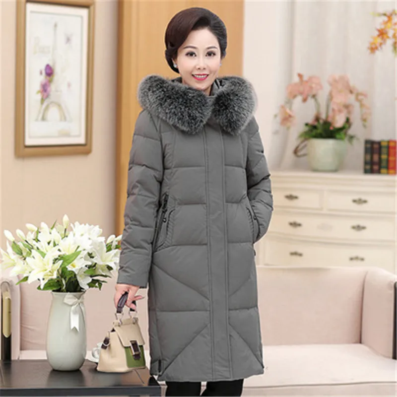 Middle-aged and old down jacket female super large size 12XL 13XL long winter Parker thick warm 90% white duck down jacket G1212 - Color: gray