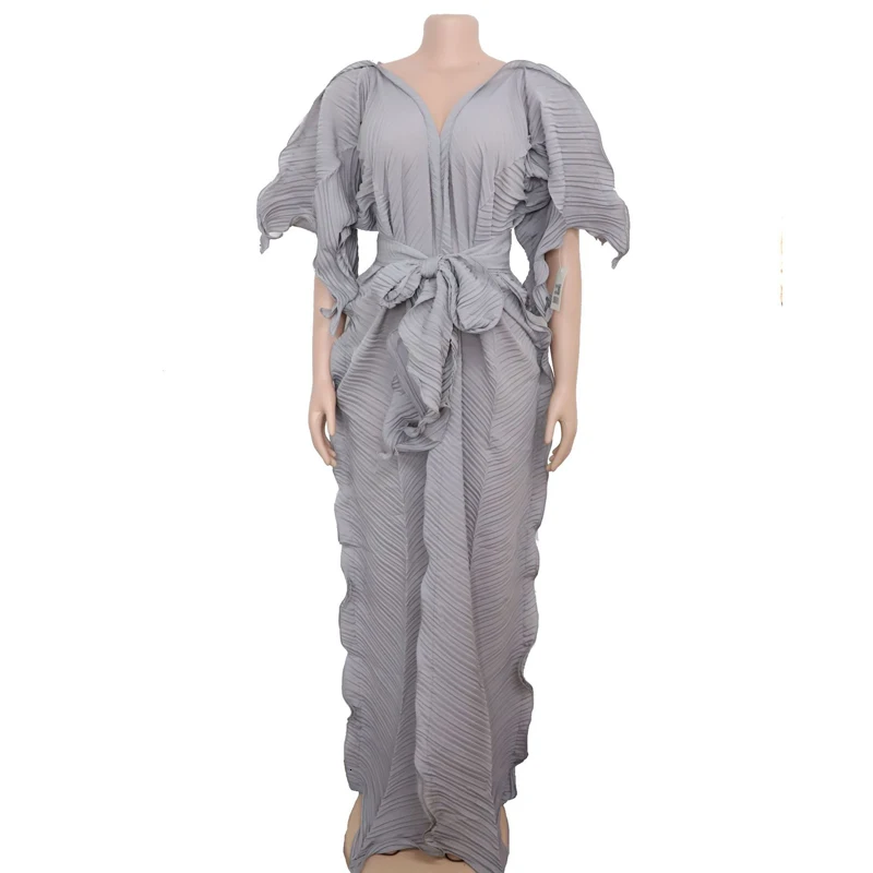 Women Casual Half Sleeve Off Shoulder V Neck Loose Maxi Dress Ruffles Solid Chic Sashes Dress Elegant Evening Party Vestidos - Цвет: Gray