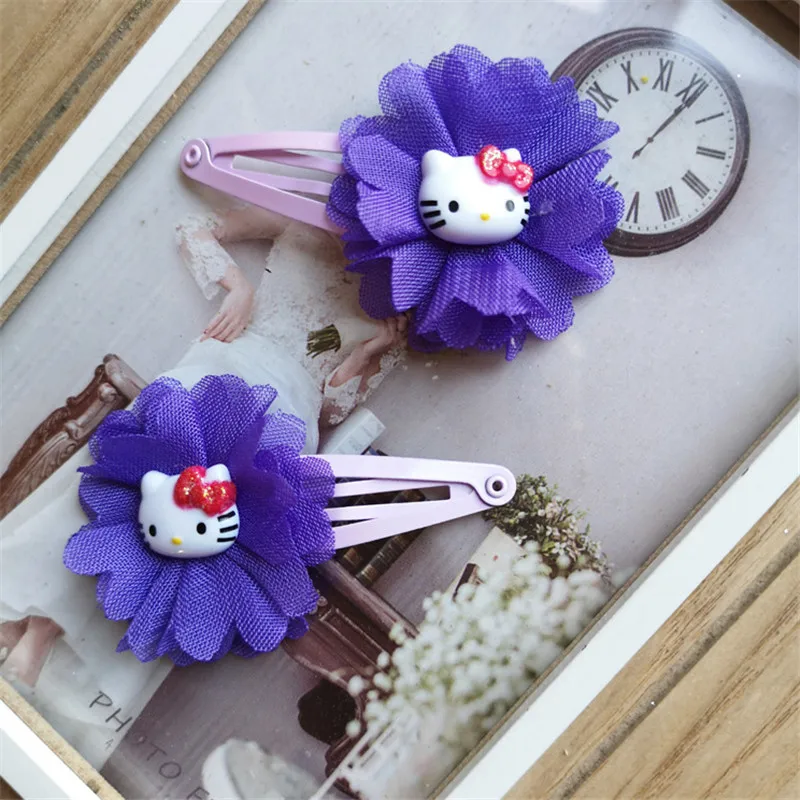 20pcs/lot New Design Cat Hair clips Chiffon Flower Cartoon Hairpins Cute Hair Accessories for Girl Handmade Kids Hair Ornaments