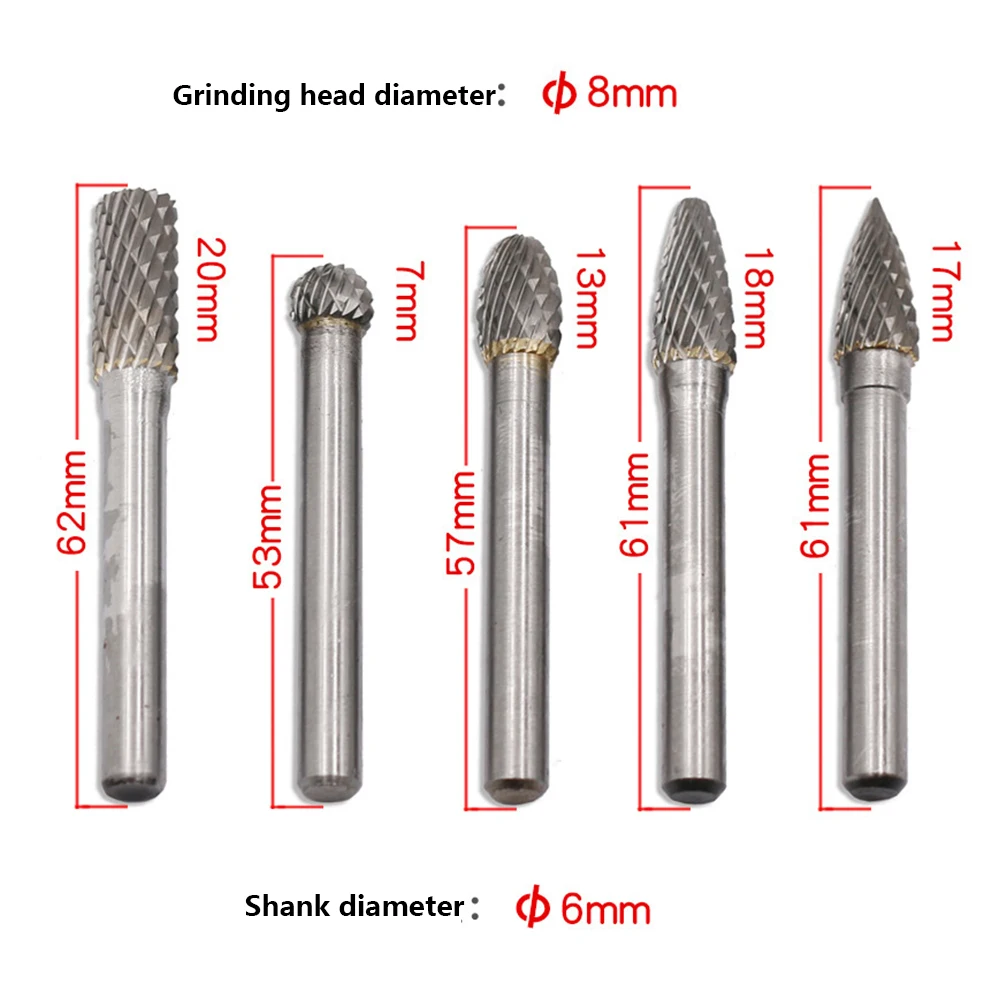 

6pcs/Set Assorted 6mm Head Tungsten Carbide Rotary Point Burr Die Grinder Bit 6mm Shank Milling Cutter Abrasive Tools