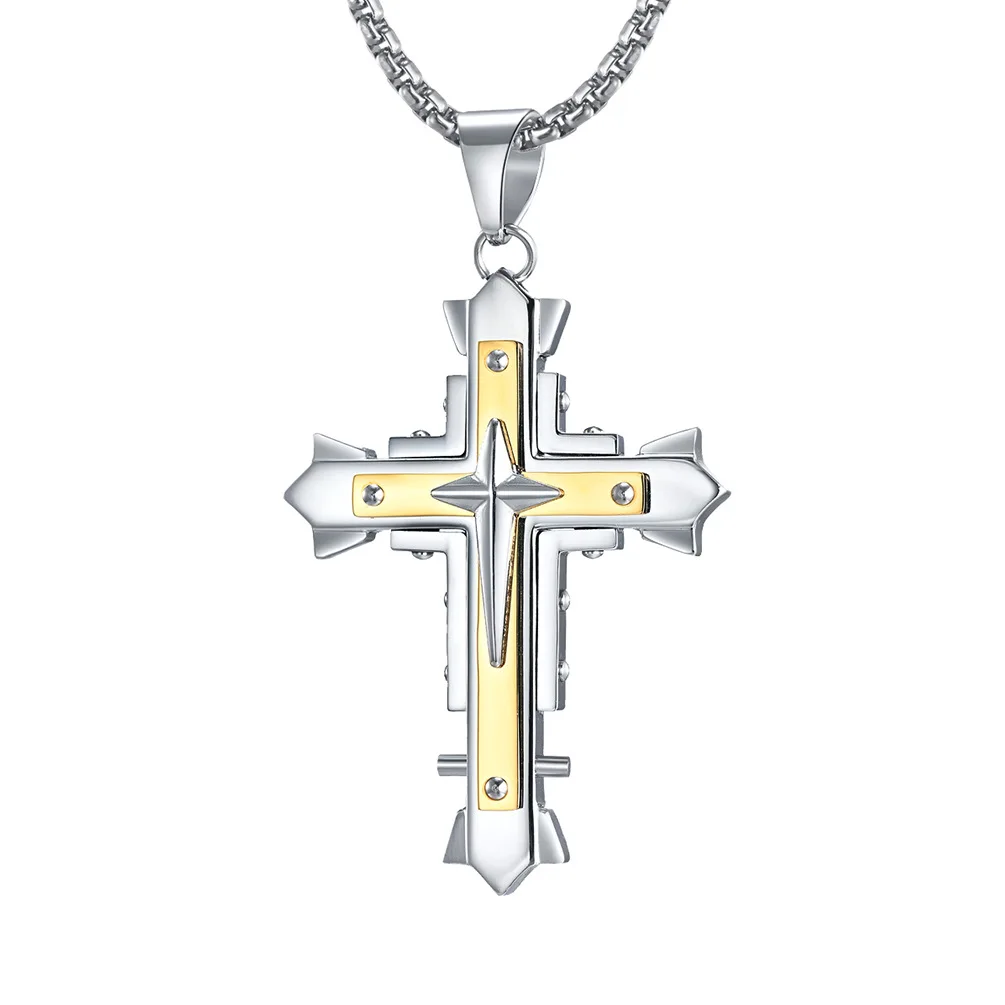 Multi-Layer Cross Pendant Necklace Rivet Stainless Steel Religious Necklaces for Men Him Prayer Jewelry 24Inch | Украшения и