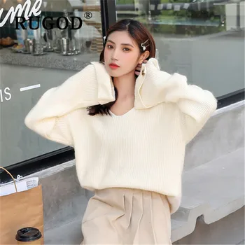 

RUGOD Women's Sweater Korean Style Chic V-neck Long Sleeve Knitted Pullovers Fluffy Style 2019 Autumn And Winter Jumpers