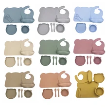 

Kids Tableware Newborn Feeding Soild Cartoon Bear Food Sucker Dishes Plates Bowl Sets Waterproof Baby Bibs Placemat Fork Spoon