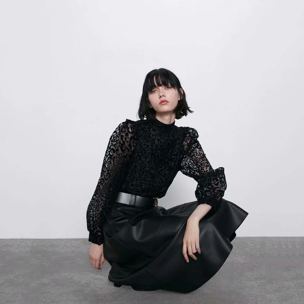 Новинка, черная полупрозрачная рубашка с принтом, воротник-стойка ...