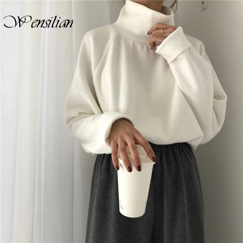 

Knitted Sweater Women Turtleneck Casual Loose Pullovers Batwing Sleeve Sweaters Solid Korean Female Pullovers Jumper Pull Femme