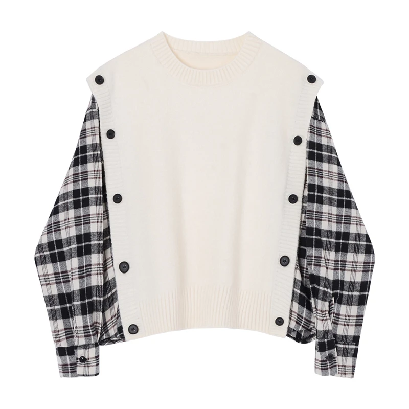 [EAM] Gray Plaid Big Size Knitting Sweater Loose