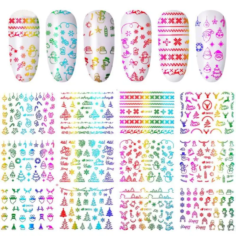 11 листов Рождественский дизайн ногтей наклейки самостоятельно 3D Лось снеговик подарок индивидуальность Несколько выбор Adbesive новогодний Маникюр наклейки - Цвет: E