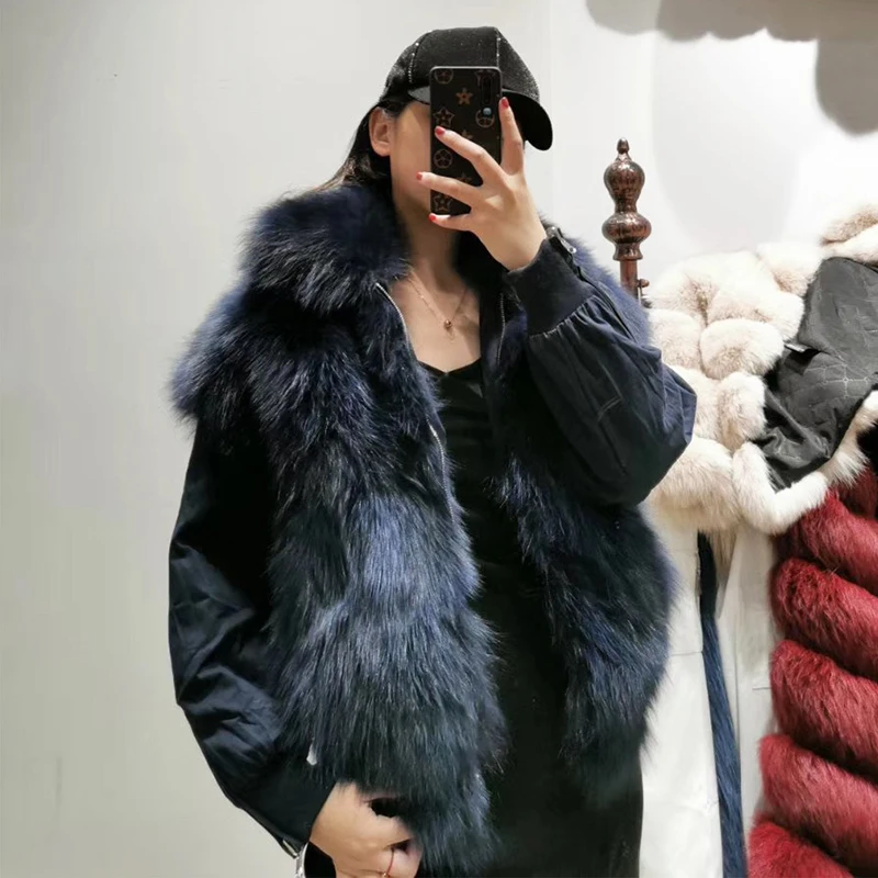 Dark Blue Rf1975 из натурального меха Бейсбол куртка на молнии очки-авиаторы, большие модные женские Реверсивный шуба из лисьего меха - Цвет: Dark Blue