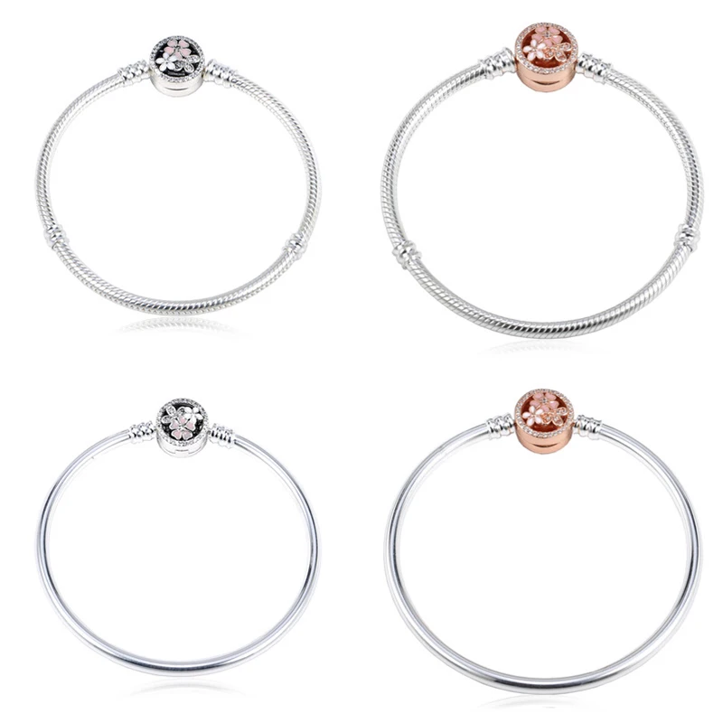 

925 Sterling Silver Rose Gold Moments Bracelet With Poetic Blooms Clasp Clear CZ Fit Charm Basic Bracelet DIY Jewelry