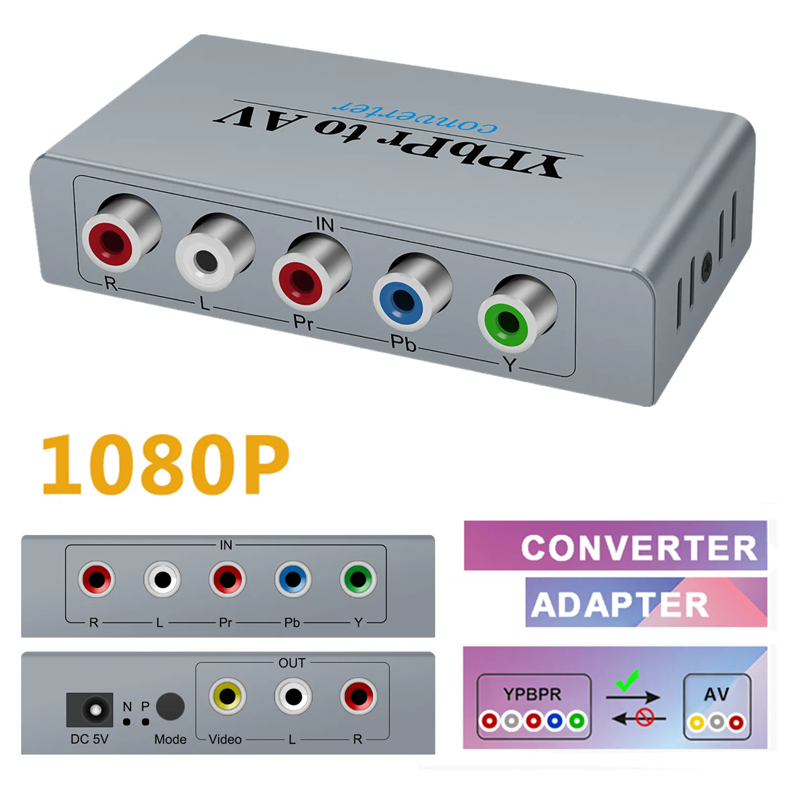 YPBPR to AV Converter 5 RCA component Converter Component Video to Hdmi Compable Video Audio Converter Adapter
