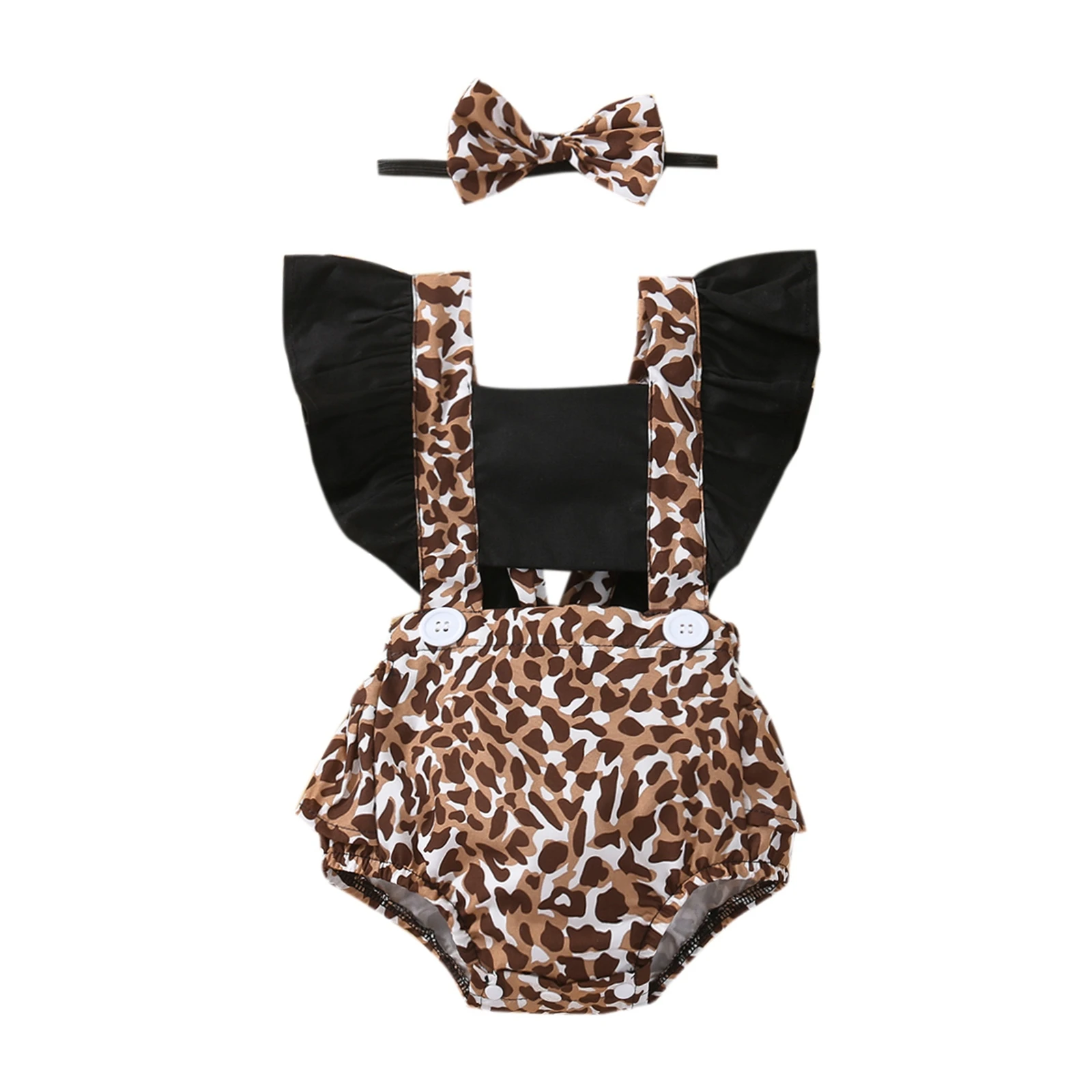 Infant Stitching Romper + Bow Headband Leopard Print with Adjustable Shoulder Strap Summer Clothing |