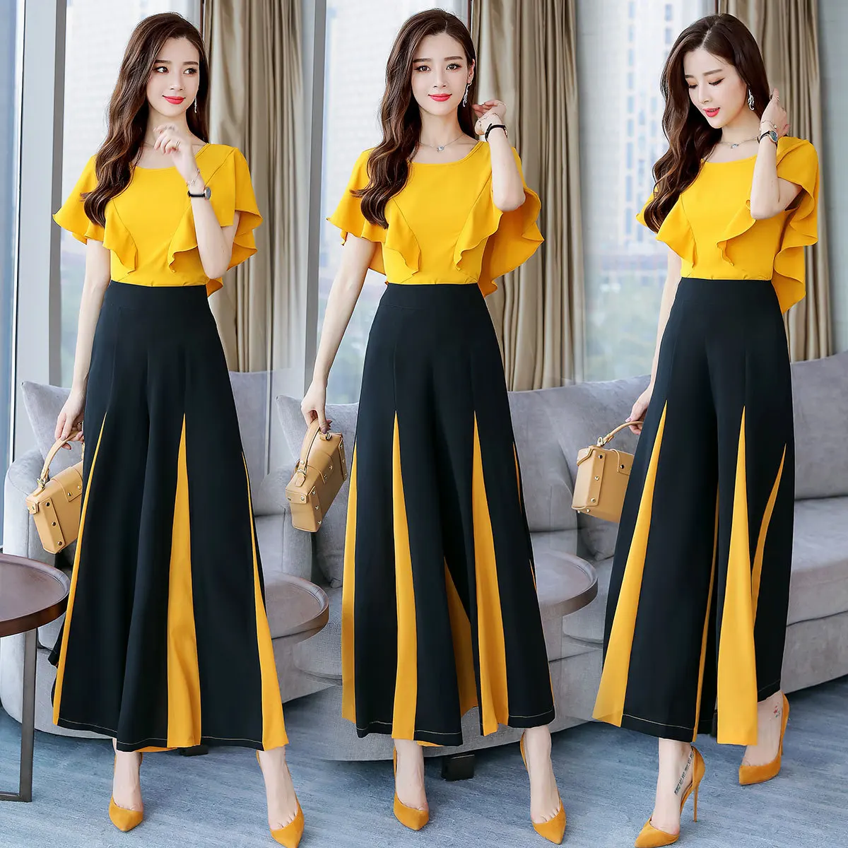 

Joint Elegant Casual Fashion Solid Color Set/Suit Skirt 2018 Summer Loose Pants Slit