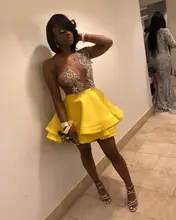 

Sexy Illusion Yellow Cocktail Dresses Mini Short Homecoming Dress with Full Sleeve One Shoulder Lady Prom Party Gowns