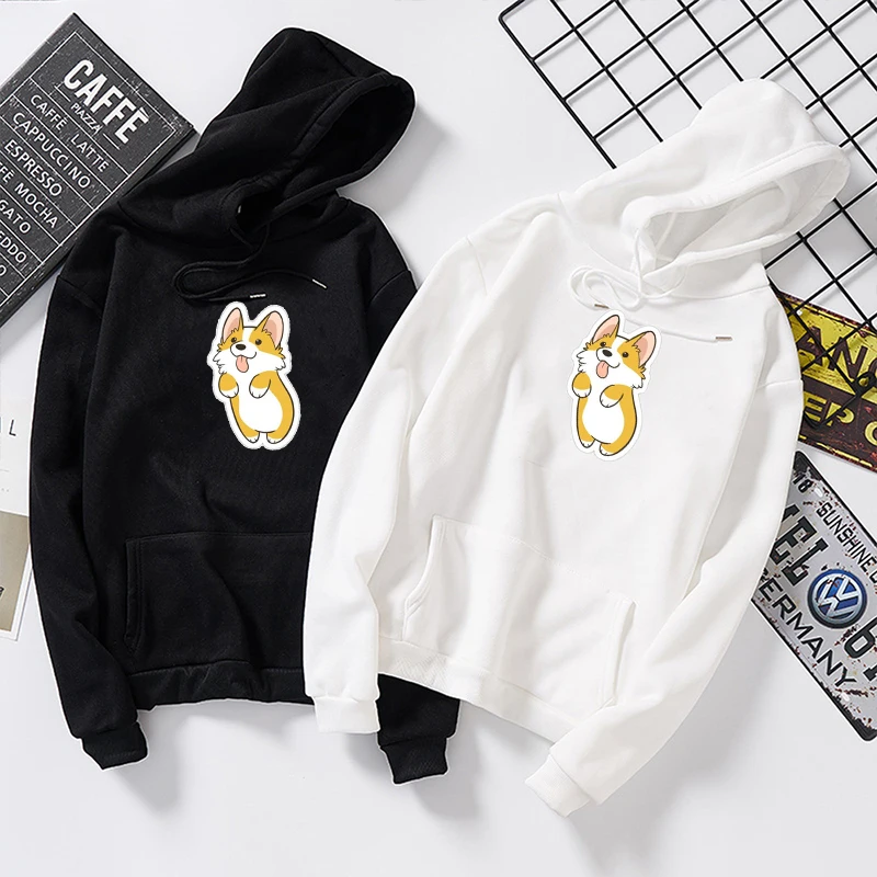 Собака корги печати толстовки Kawaii женские с длинным рукавом Твердые толстовки с капюшоном пуловер пальто пота повседневная спортивная одежда уличная