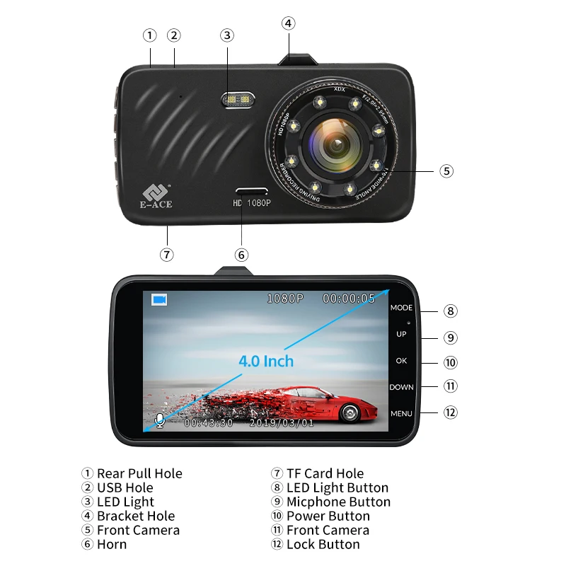 E ACE Видеорегистраторы для автомобилей 4 0 Inch Mini Dashcam Full HD 1080P Dash Камера видео