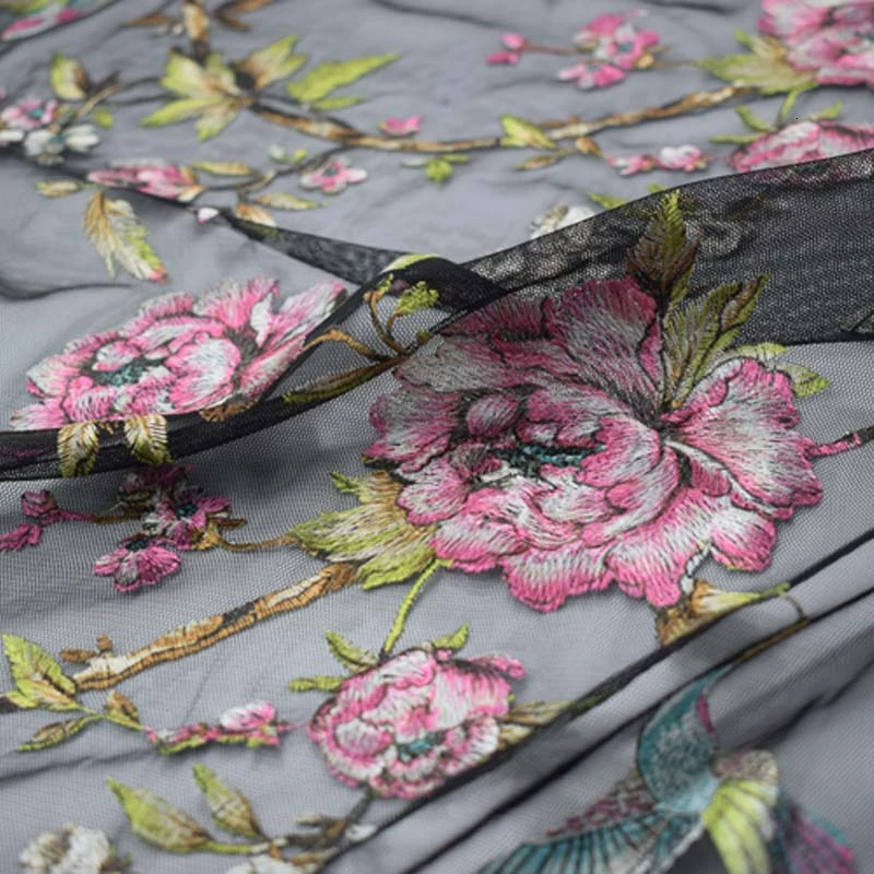 Black bottom birds mesh embroidery lace fabric for dress bazin riche getzner tissu telas por metro 2