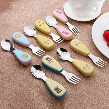 

2pcs Kids Cartoon tableware set for babies practise spoon and fork, Stainless Steel Cutlery Sets with Non-Slip silicone Handle
