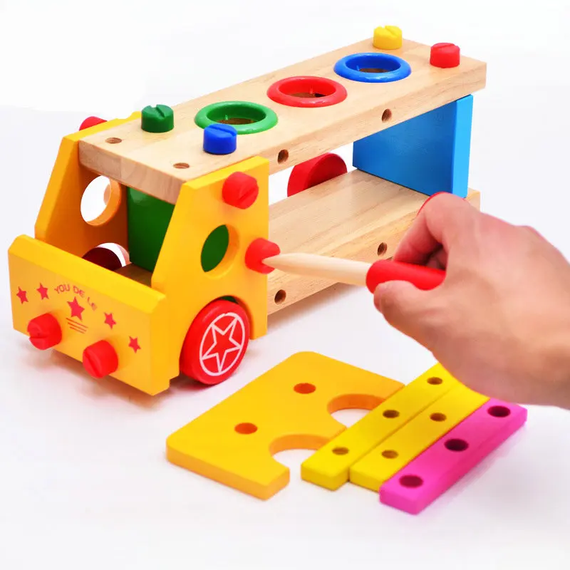  Free Shipping Children's Wooden Blockd Car Toys Multifunction Knock The Ball Screw Car Baby Assembl