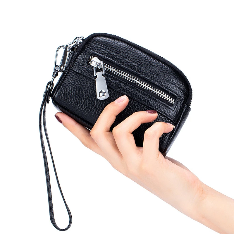 Monederos de cuero genuino para mujer, Mini Cartera de mano con doble cremallera, gran capacidad, bolsillo para dinero correa para la Monederos| - AliExpress