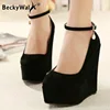 Flock wedges pumps large size female Custom high heels bride wedding shoes woman platform ankle strap party pumps women WSH2594 1