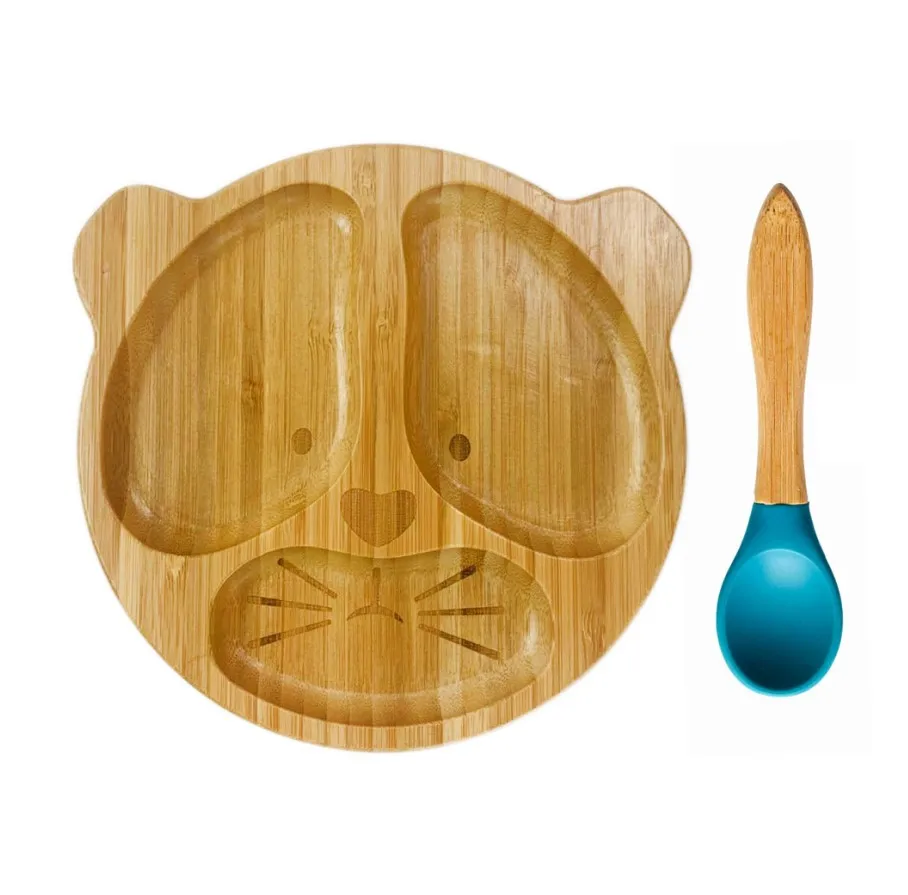 Высококачественная вилка для кормления ребенка миска и ложка набор, Бамбуковая миска с защитой от проливания, оставайтесь на месте всасывающее кольцо - Цвет: Blue Plate and Spoon