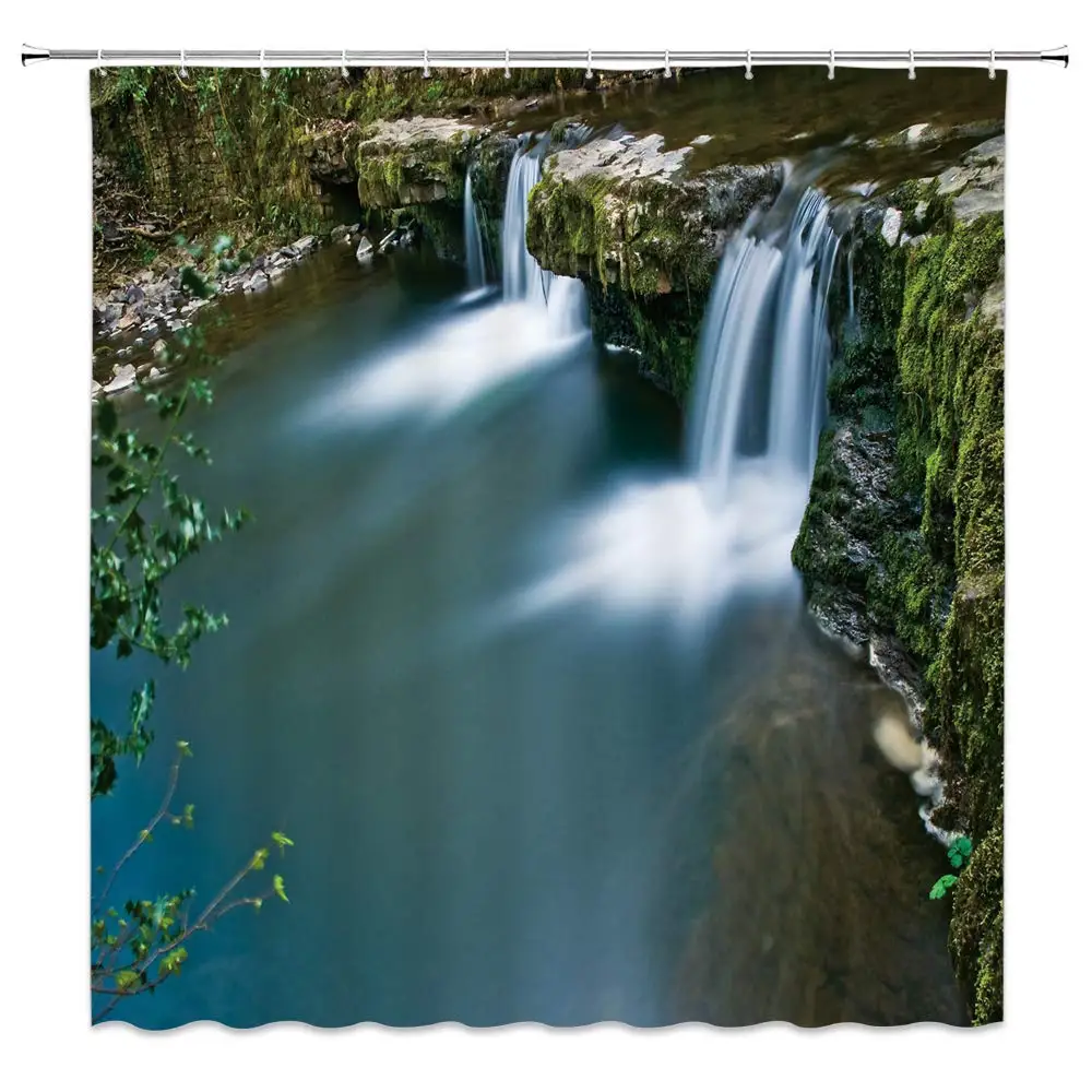 

Waterfall Shower Curtain Decor Cliff River Lake Scenery Landscape Creative Bathroom Curtain Polyester Fabric Machine Washable