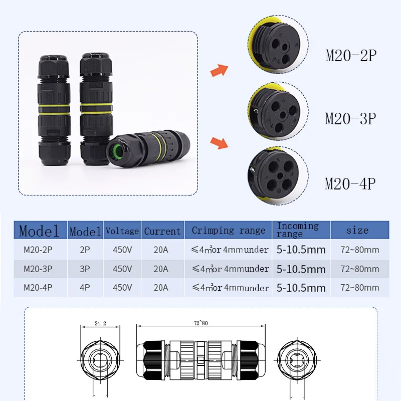 1 шт. M16 M20 IP68 Кабельный соединитель 3p 2p 300V 10A электрические водонепроницаемые соединители герметичные Retardant распределительная коробка