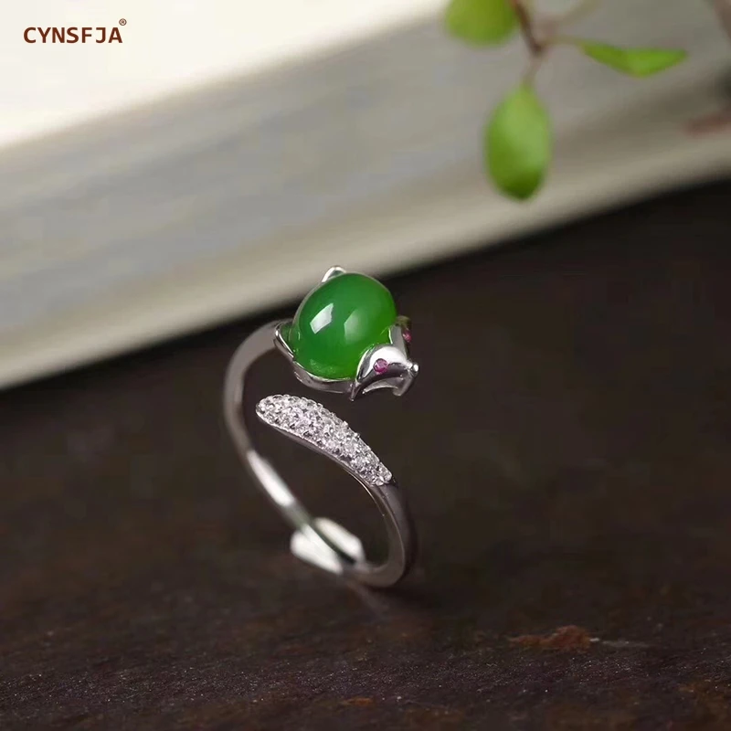 

CYNSFJA Real Certified Natural Hetian Jasper 925 Sterling Silver Handmade Fine Jewelry Green Jade Rings Adjustable Best Gifts