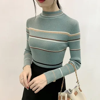 

Elegant Sweater Women Autumn Winter Stripes Print Slim Long Sleeved Turtleneck Collar Slim Bottom Knit Sweater Tops