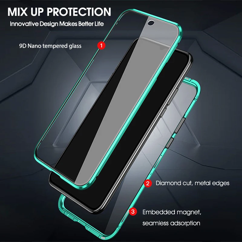 Double Sided Tempered Glass For Redmi Note8 8pro Metal Magnetic Adsorption 360 Full Protection Flip Cover for Xiaomi Note8 shell 4