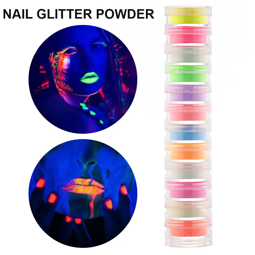 12 Box Ultrafine Fluorescent Nail Glitter Powder Neon Phosphor Colorful Glow Powder DIY Luminous Nail Glitter decorations Set