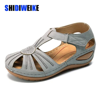 

Woman Summer Pu Leather Vintage Sandals Buckle Casual Sewing Women Shoes Solid Female Peas Shoes Ladies Platform Shoes 36-46 New