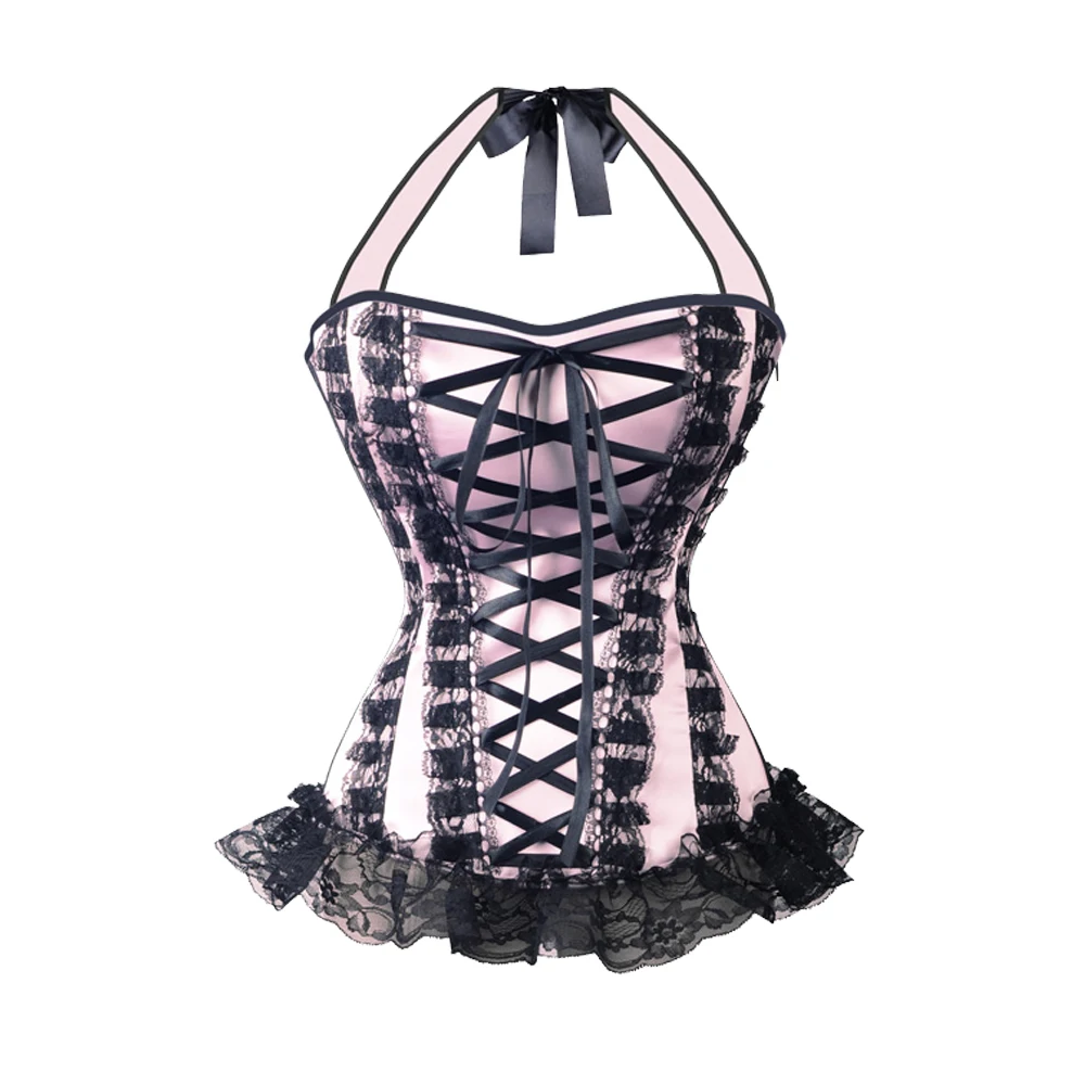 WomenHalterCorsetLaceUpSatinStraplessBonedOverbustPlusSize