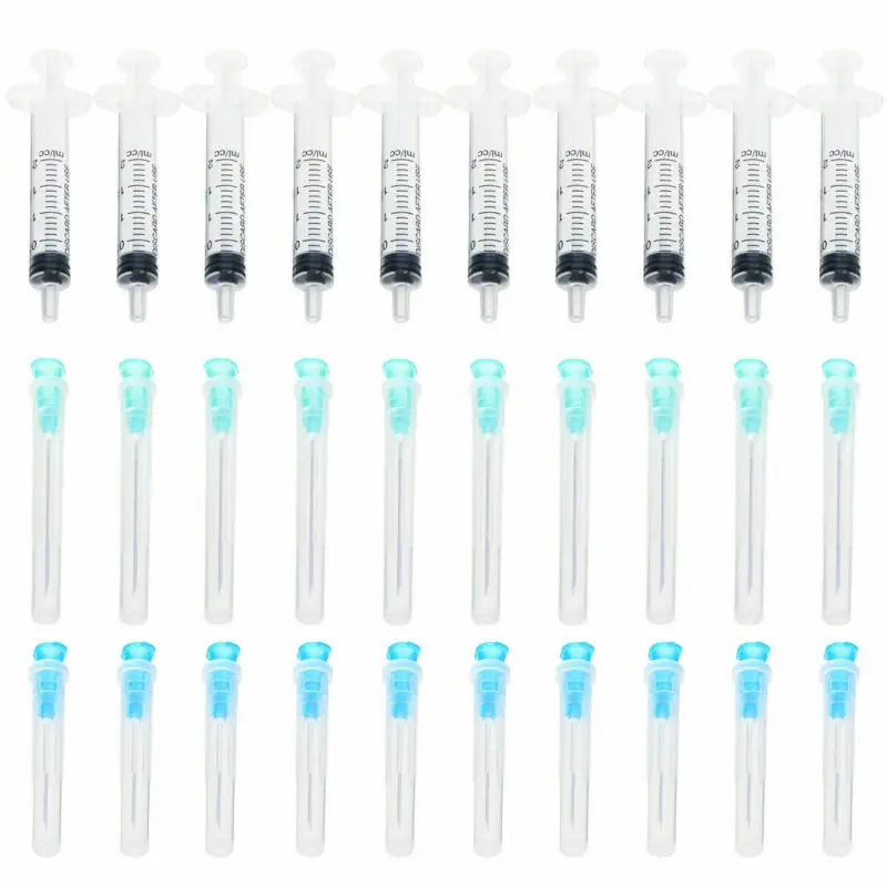 

10 plastic syringes 2ml, 10pcs dispensing tip 1.5 inches 21G (green) +10pcs dispensing tip 1.25 inches 23G (blue)