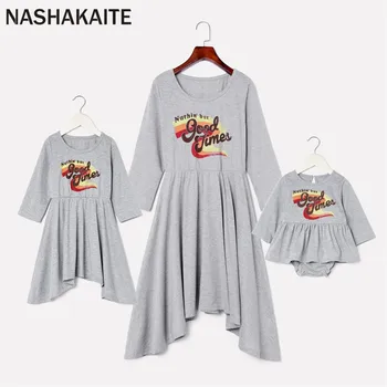 

NASHAKAITE Autumn 2020 Mom and daughter dress Gray Letter "good time" Irregular Hem Dress For Mommy and me clothes Family Look
