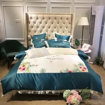 

4pcs luxury pure cotton full queen king size European style embroidered sateen turquoise green bedding set free shipping MR