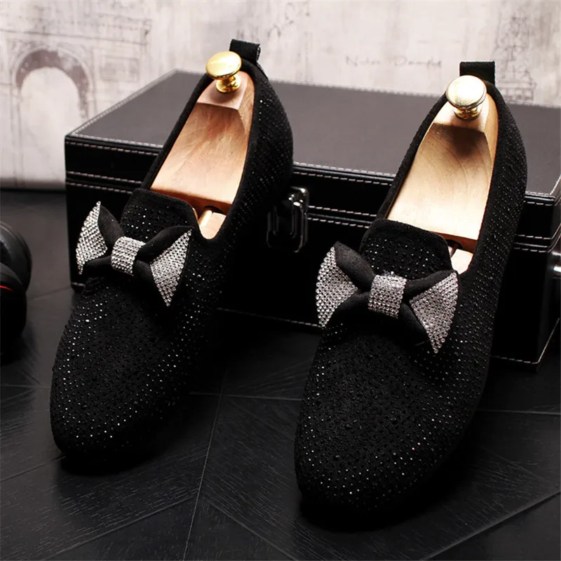 

High Quality Luxury Brand Bowknot Men loafers Black Diamond Rhinestones Spikes men shoes Rivets Casual Flats Sneakers wholesale