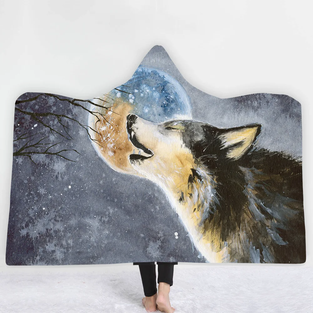Moon Wolf/одеяло с капюшоном для мужчин, детское утепленное Двухслойное плюшевое одеяло с шапкой, мягкий фланелевый плед с изображением Льва шерпы - Цвет: 1