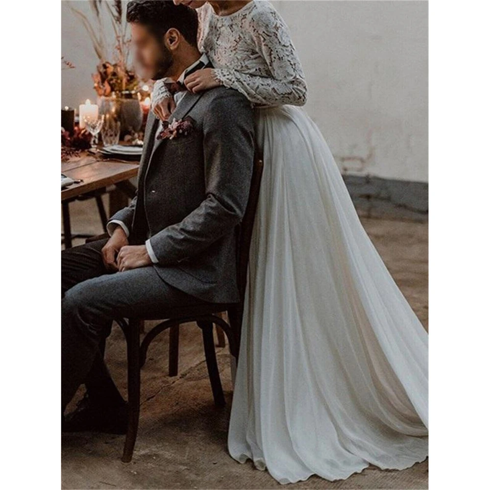 

Simple White Lace And Chiffon Wedding Dresses High Neck Backless Two Pieces A-line Long Sleeves Custom-Made Noiva Vestidos Brida