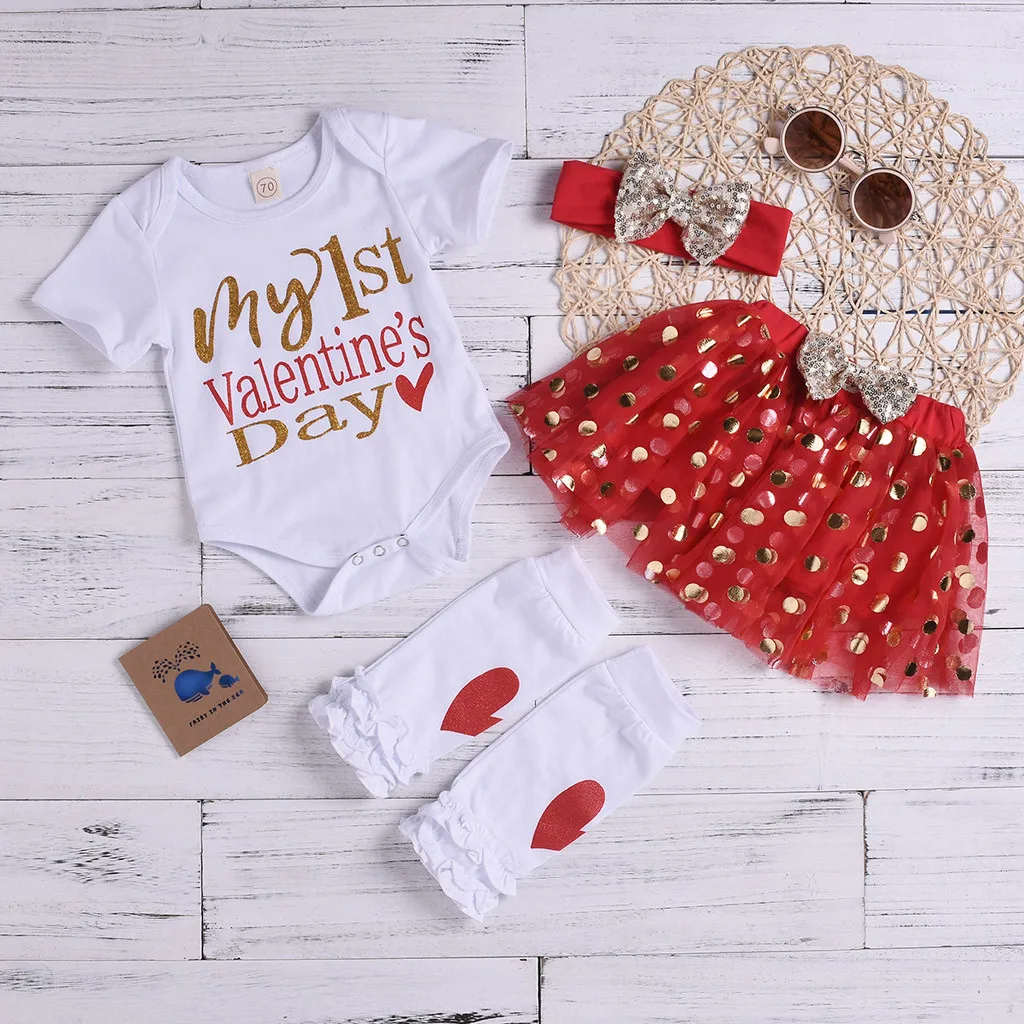 My Frist Valentine/4 предмета, топы для новорожденных девочек с надписью, фатиновая юбка в горошек с блестками+ наборы повязок на голову, одежда для детей