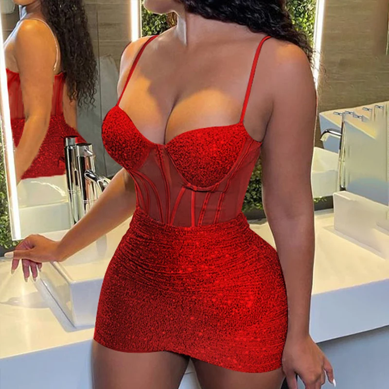 2022 Autumn Winter Women Sleeveless Bling Bling Low Cut Skinny Sling Dress Contrast Mesh Bodycon Cami Sequin Bodycon Dress