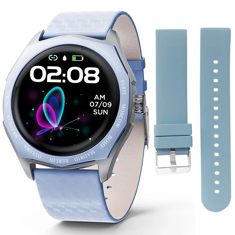 DIGOOR, Смарт-часы для женщин, 1,22 дюймов, Полный Круглый сенсорный экран, с цветным сменным ремешком, для девушек, пульсометр, фитнес-браслет, часы - Цвет: Синий