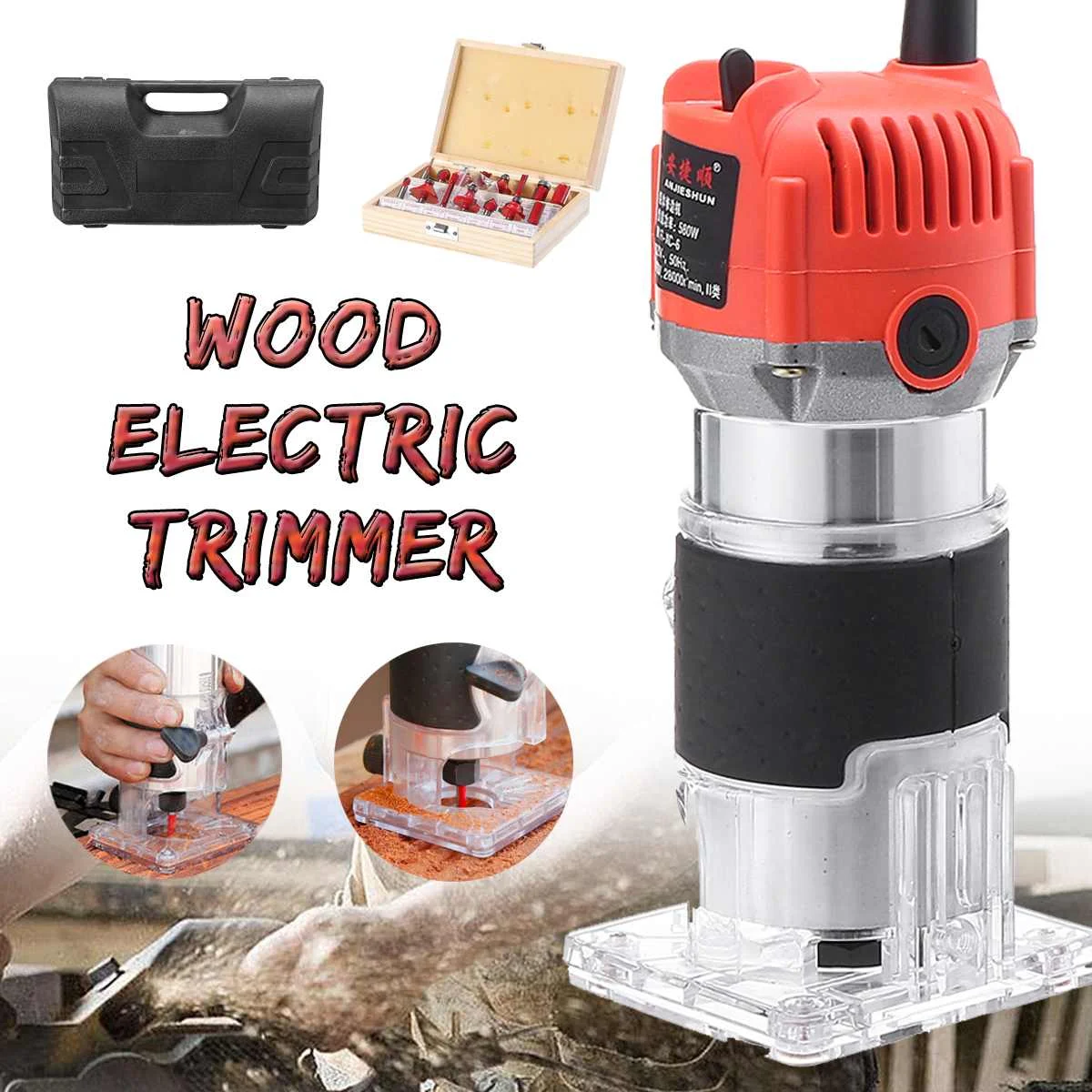 

220V 1/4'' Aluminum Electric Hand Trimmer Wood Laminator Router Tool Set for Woodworking Tools With 15 Pcs Router Bit Set 580W