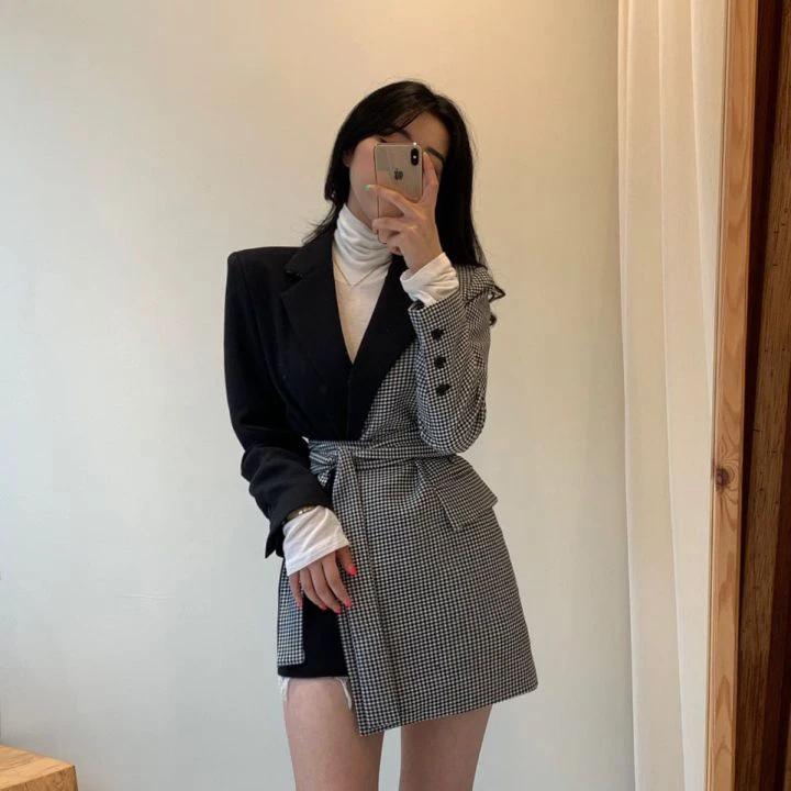 SHENGPALAE, новинка, модный осенний клетчатый блейзер с контрастной строчкой и поясом, женское приталенное повседневное корейское пальто, 9A427