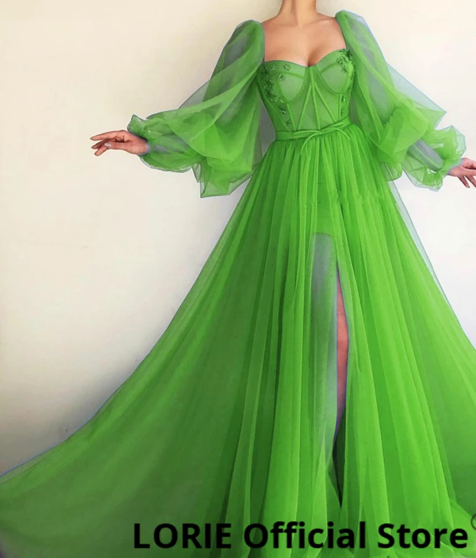 Lime Green Лори Длинные Пышные синие платья с рукавами для выпускного вечера, тюлевые вечерние платья с открытой спиной и шнуровкой, вечернее платье, платье для вечеринки, платье размера плюс - Color: Lime Green